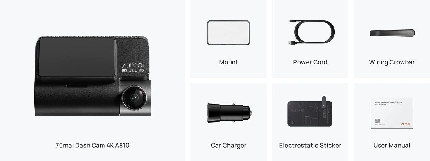 70mai Dash Cam A810, 4K, 4K, Wi-Fi, GPS, 3inch Display 